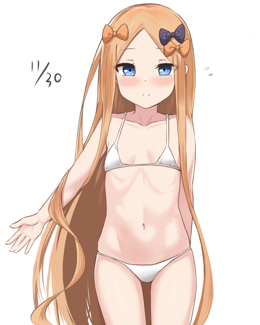 1girl, abigail_williams_(fate), bikini, blonde_hair, blue_eyes, blush, fate/grand_order, fate_(series), flat_chest, flying_sweatdrops, highres, loli, looking_at_viewer, micro_bikini, mz_(ltge3238), navel, ribs, smile, solo, stomach, swimsuit, white_bikini