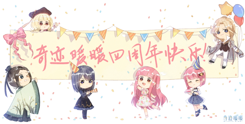 >_o, 2boys, 4girls, :o, ^_^, ankle_bow, ankle_ribbon, anniversary