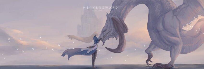 1boy, 1girl, absurdres, artist_name, black_boots, black_gloves, blurry, blurry_background, boots, closed_eyes, commentary, copyright_name, dragon, elezen, elf, english_commentary, final_fantasy, final_fantasy_xiv, from_side, full_body, gloves, hands_up, headpat, highres, hraesvelgr_(ff14), ishgard_(ff14), leather, leather_gloves, long_hair, pointy_ears, puffy_sleeves, snow, thigh_boots, very_long_hair, wind, wind_lift, ysayle_dangoulain, yuki_lu