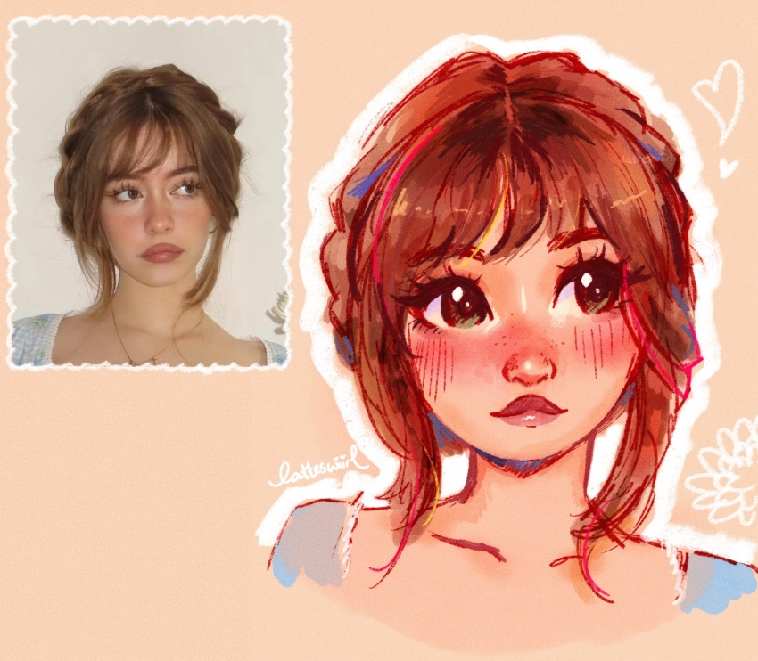 1girl, alt_text, artist_name, blush, braid, brown_background, brown_hair, collarbone, commentary, crown_braid, english_commentary, freckles, green_eyes, heart, highres, latteswiirl, multicolored_hair, original, photo-referenced, portrait, red_hair, red_lips, reference_inset, solo, streaked_hair