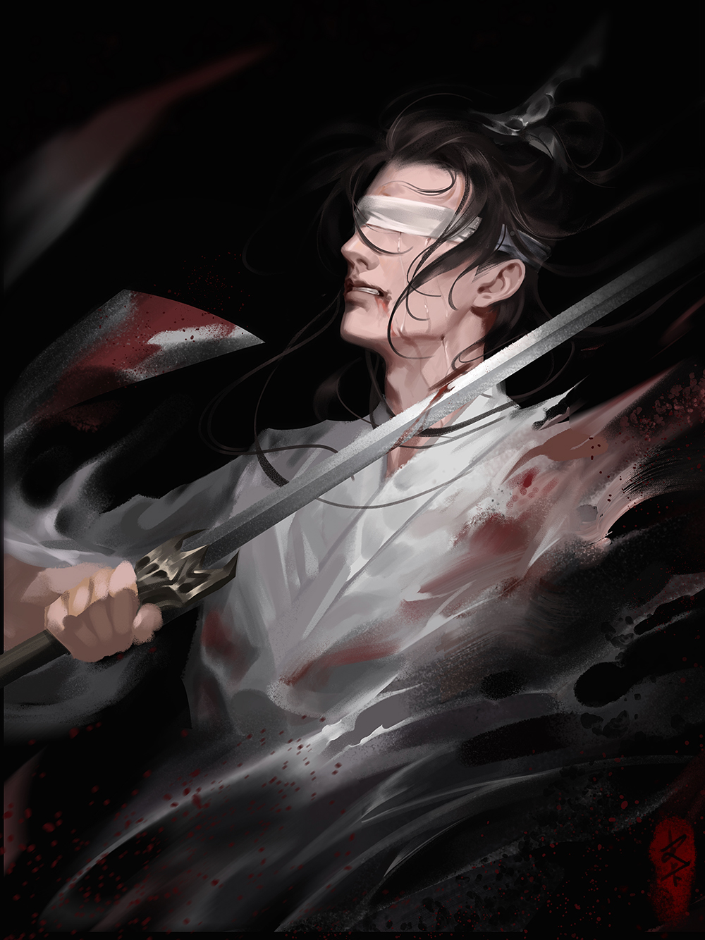 1boy, black_background, black_hair, blindfold, blood, blood_from_mouth, blood_on_clothes, blood_stain