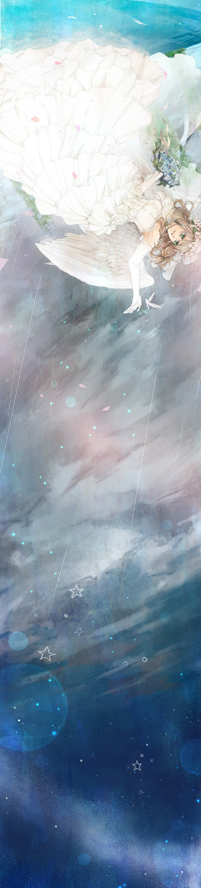 1girl, akemori_kiko, bird, bouquet, brown_hair, dress, elbow_gloves, fantasy