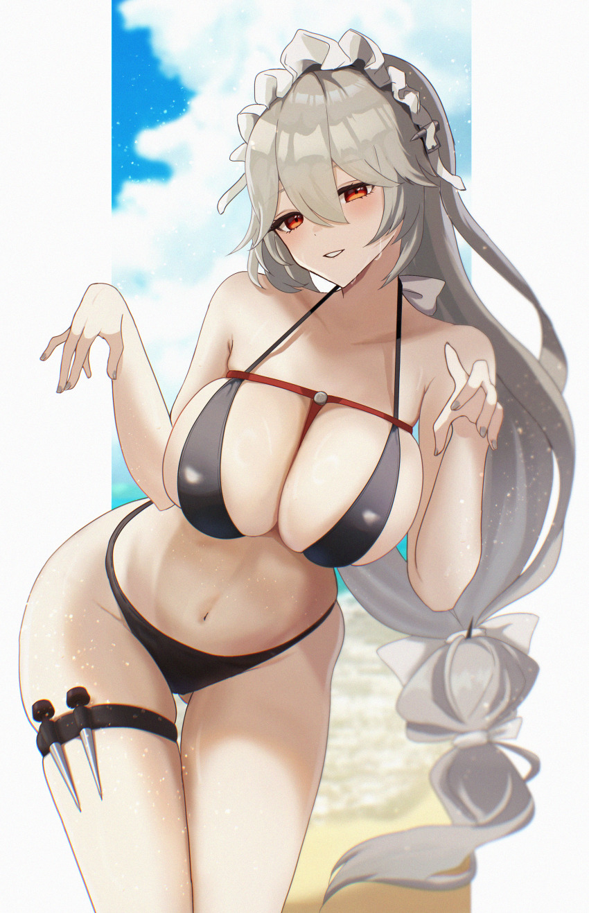 1girl, absurdres, alexandrina_sebastiane, beach, bikini, black_bikini, blue_sky, breasts, cloud, commentary_request, day, grey_hair, hair_between_eyes, highres, kaniitama, large_breasts, long_hair, looking_at_viewer, maid_headdress, navel, ocean, outdoors, red_eyes, sky, solo, swimsuit, very_long_hair, zenless_zone_zero