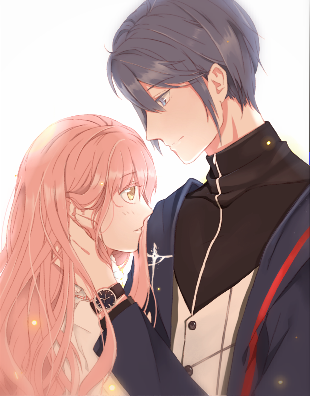 1boy, 1girl, aeon_(shining_nikki), black_shirt, blue_coat, blue_eyes, blue_hair, buttons