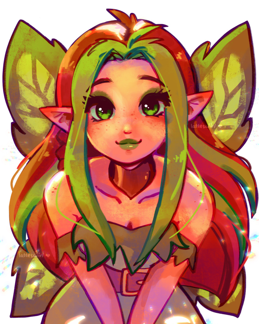 1girl, bare_shoulders, belt, black_belt, breasts, brown_hair, cleavage, collarbone