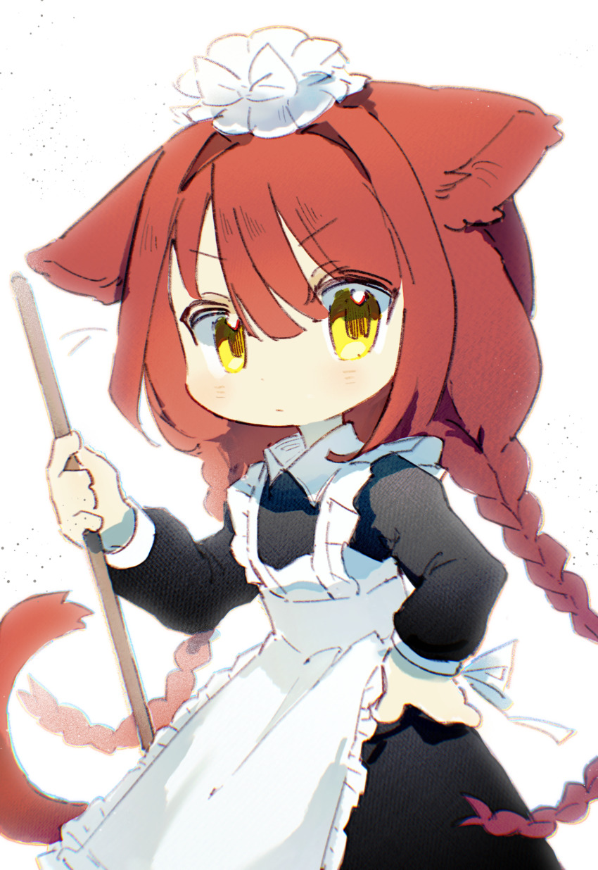 1girl, :|, animal_ears, apron, black_dress, braid, cat_ears, cat_girl, cat_tail, chinese_commentary, closed_mouth, collared_dress, commentary_request, cowboy_shot, dress, fata_morgana_no_yakata, hair_between_eyes, hand_on_own_hip, highres, holding, long_hair, long_sleeves, looking_at_viewer, maid, maid_apron, morgana_(fata_morgana_no_yakata), red_hair, tail, twin_braids, v-shaped_eyebrows, white_background, yellow_eyes, yuer6350