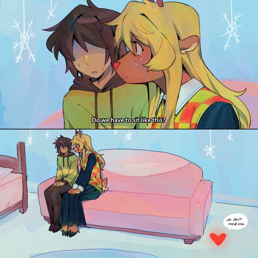 1girl, 2others, absurdres, animal_ears, antlers, bed, black_pants, black_skirt