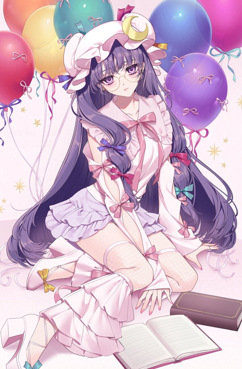 1girl, adapted_costume, balloon, bespectacled, blue_bow, blue_ribbon, book, bow