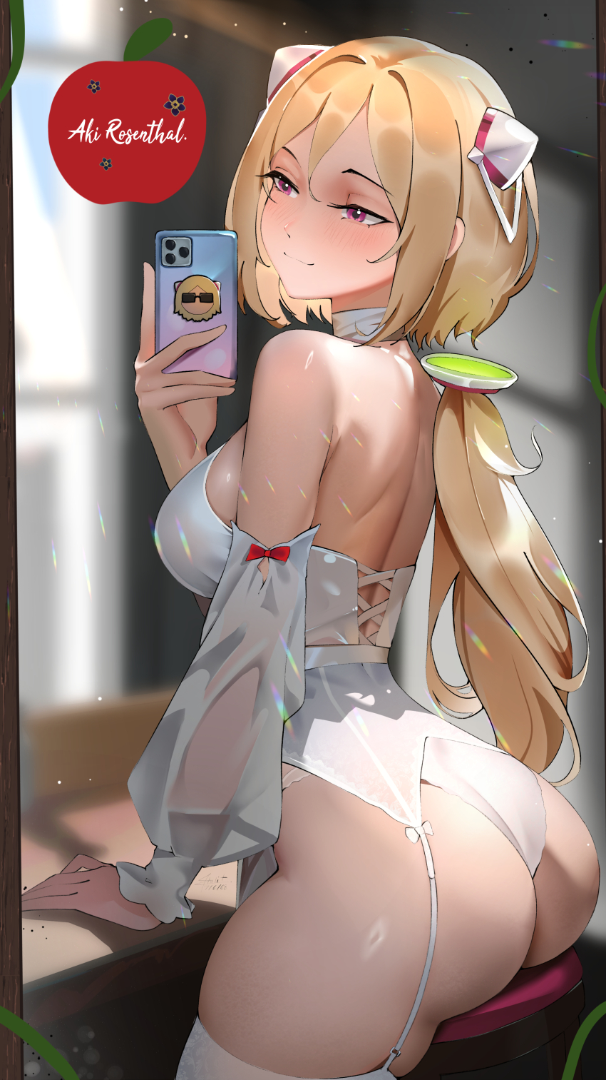 1girl, absurdres, aki_rosenthal, aou13093, ass, blonde_hair, blush, breasts, character_name, closed_mouth, detached_hair, detached_sleeves, garter_straps, headgear, highres, hololive, large_breasts, long_hair, panties, purple_eyes, red_eyes, selfie, sitting, solo, thighhighs, underwear, virtual_youtuber, white_panties, white_sleeves, white_thighhighs
