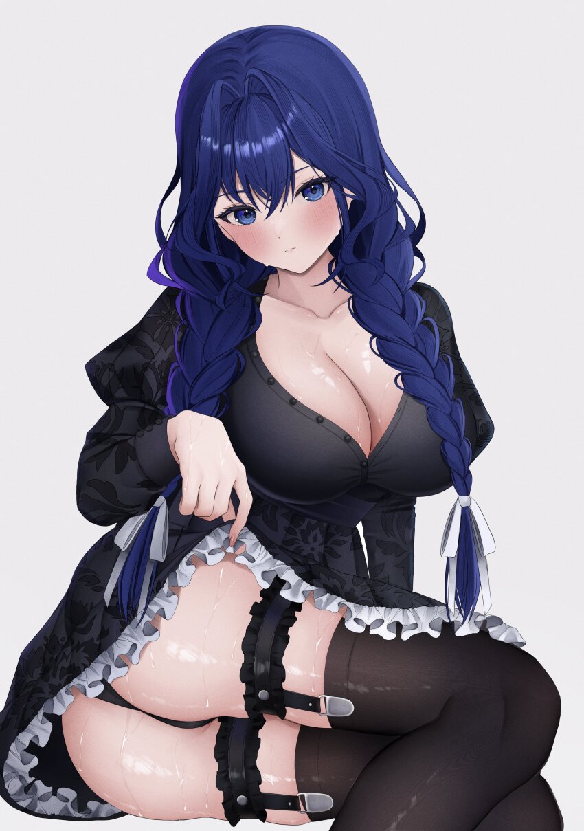 1girl, absurdres, ass, black_dress, black_panties, black_thighhighs, blue_eyes, blue_hair
