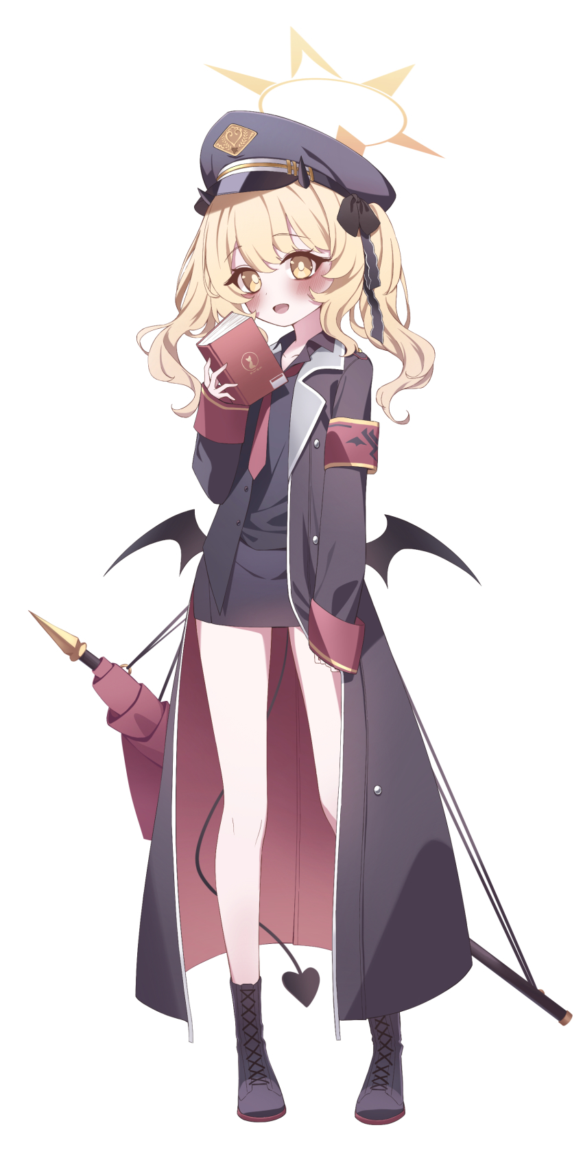 1girl, :d, absurdres, amerika_neko, arm_at_side, black_boots, black_bow, black_coat