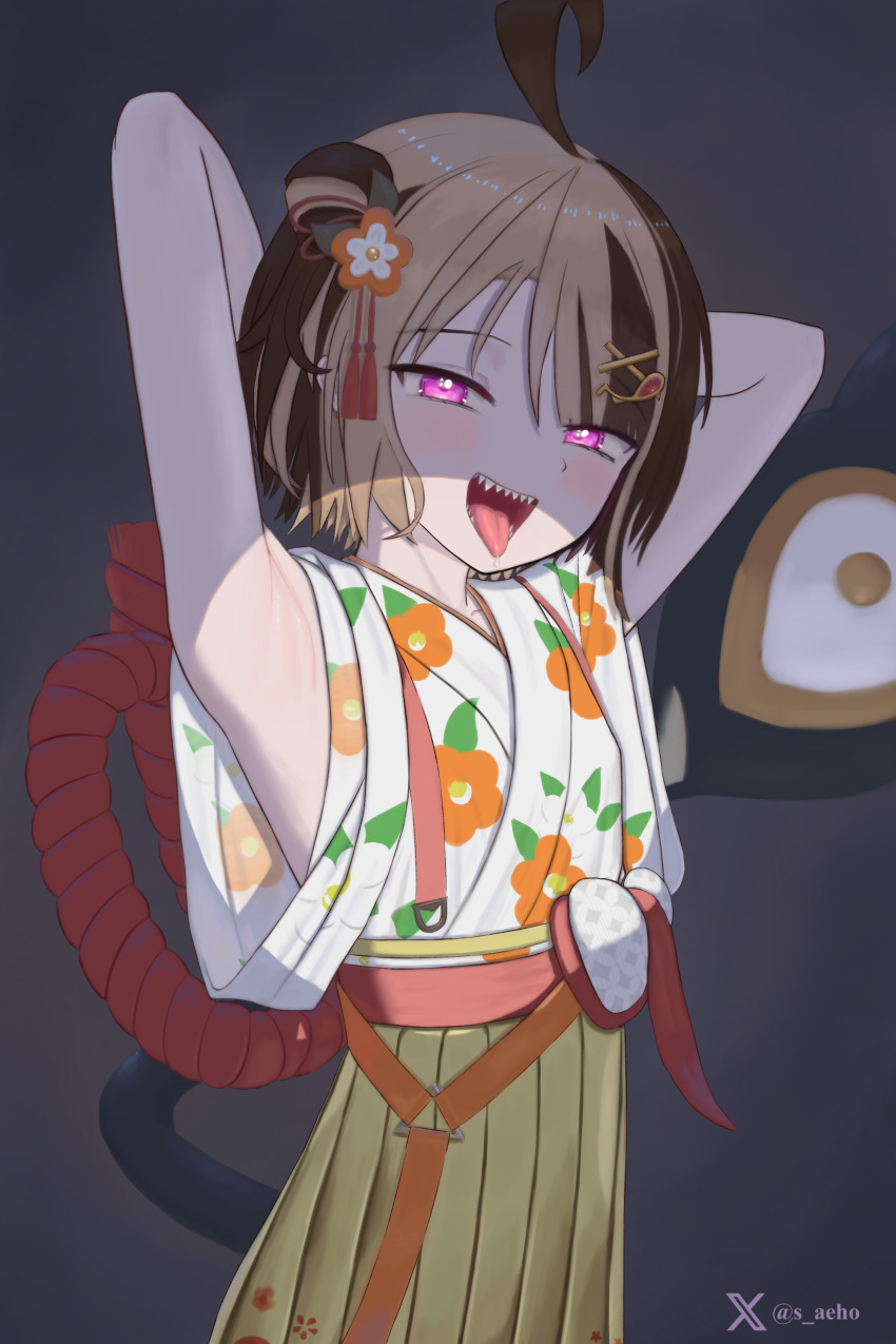 1girl, absurdres, ahoge, armpits, arms_up, blonde_hair, brown_hair, floral_print