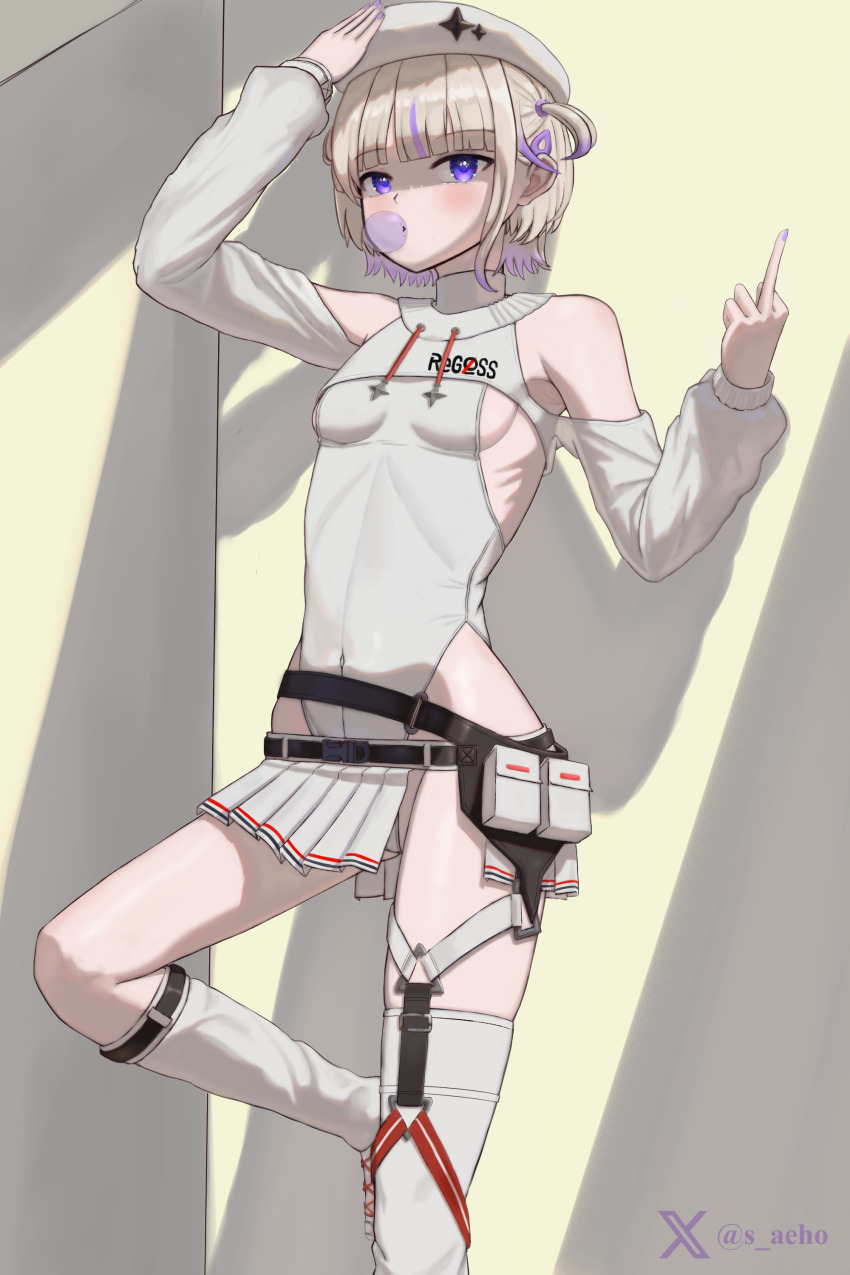 1girl, absurdres, blonde_hair, blowing_bubble_gum, breasts, chewing_gum, clothing_cutout, covered_navel