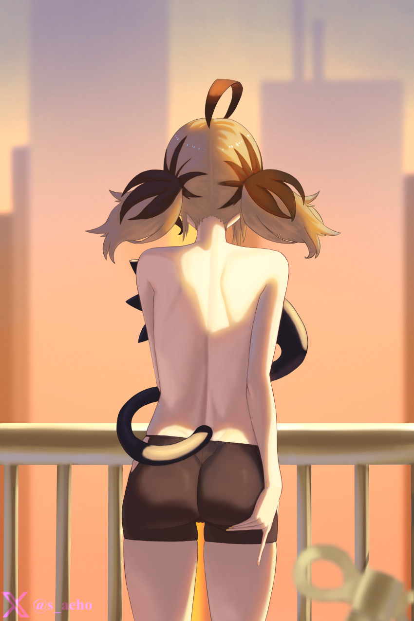 1girl, absurdres, ahoge, ass, back, black_shorts, blonde_hair, brown_hair, commentary, english_commentary, evening, gigi_murin, grabbing_own_ass, highres, hololive, hololive_english, outdoors, railing, s_aeho, short_shorts, shorts, solo, tail, twintails, twitter_username, virtual_youtuber, winding_key