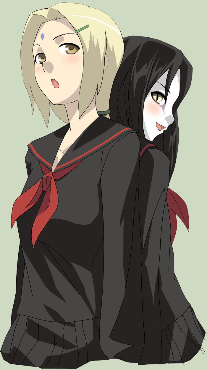 :o, alternate_costume, artemis-girl, back-to-back, black_hair, blonde_hair, blush, brown_eyes