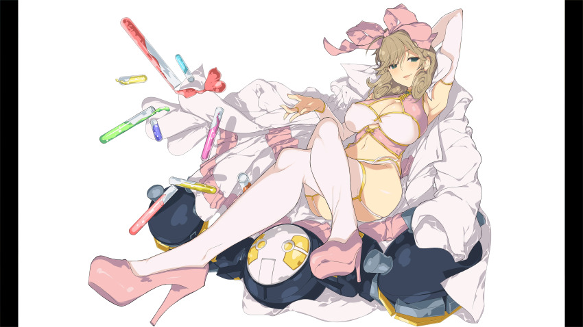 1girl, absurdres, arm_behind_head, bow, breasts, bridal_gauntlets, brown_hair, cleavage