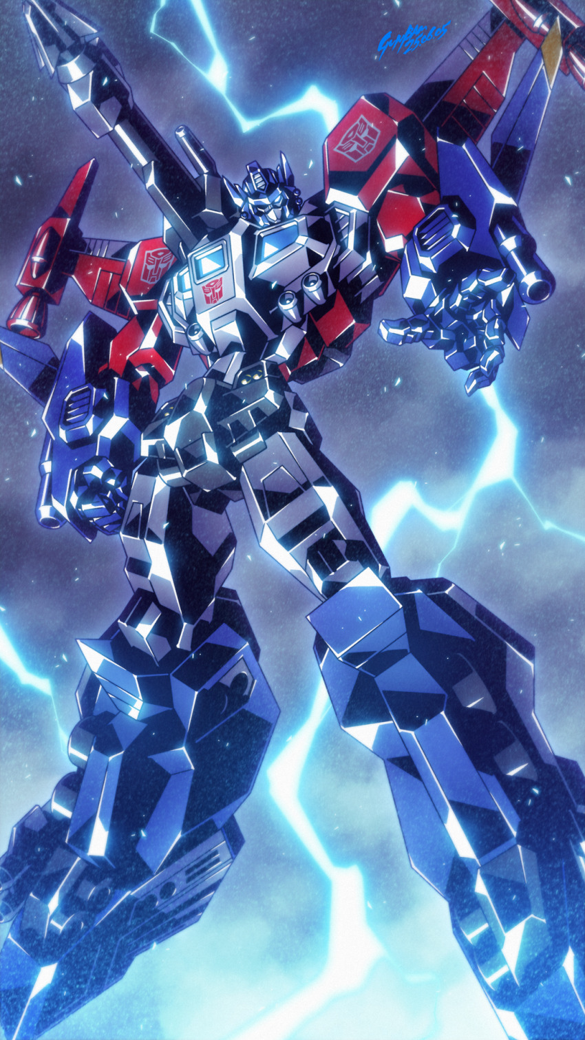 autobot, babamba, god_ginrai, highres, humanoid_robot, lightning_background, mecha, no_humans