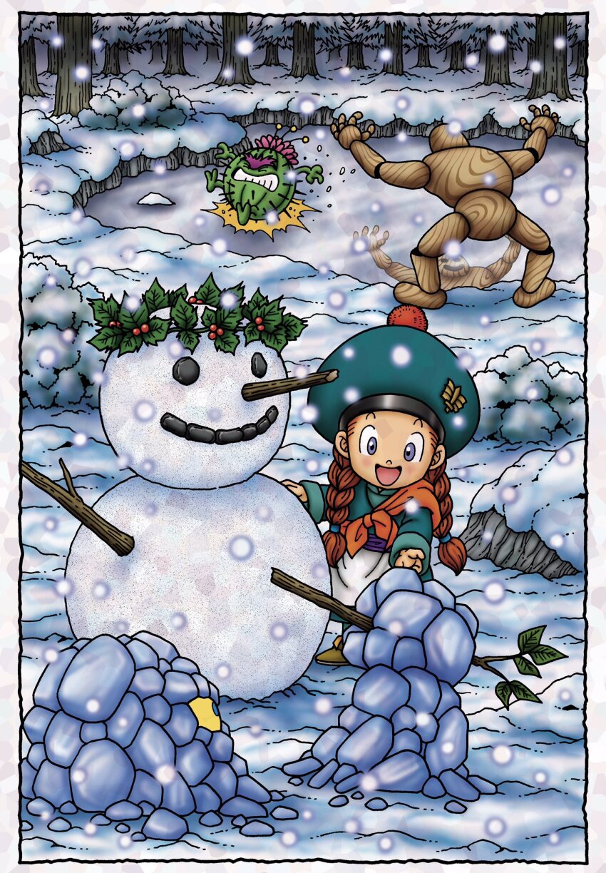 1girl, 3others, :d, aqua_hat, aqua_shirt, blue_eyes, border, braid