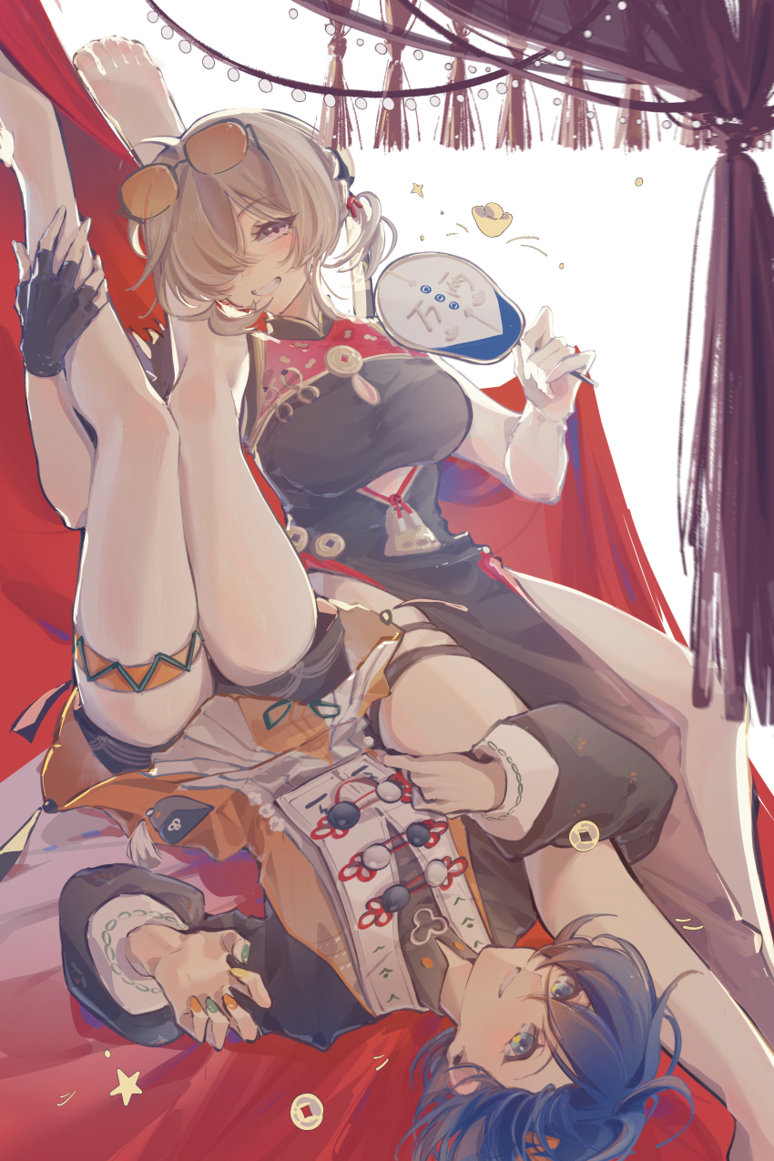 13165075695, 2girls, absurdres, barefoot, belle_(delicate_sunlight)_(zenless_zone_zero), belle_(zenless_zone_zero), black_dress, black_gloves, black_shorts, blonde_hair, blue_eyes, blue_hair, blush, china_dress, chinese_clothes, crossed_bangs, dress, fingerless_gloves, gloves, grin, hair_over_one_eye, hand_fan, highres, holding, holding_fan, jacket, looking_at_viewer, multiple_girls, nail_polish, orange_jacket, purple_eyes, shirt, shorts, smile, sweety_(zenless_zone_zero), thigh_strap, white_shirt, zenless_zone_zero