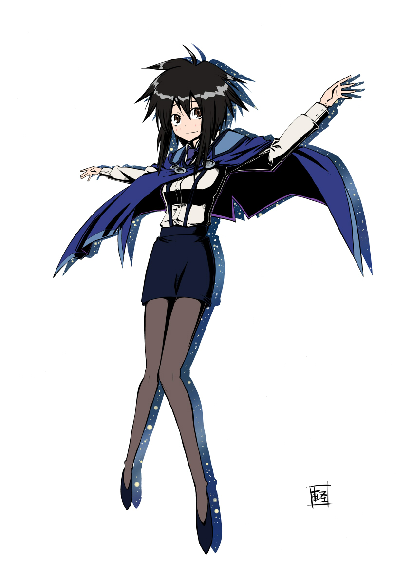 1990s_(style), 1girl, black_hair, brown_eyes, female_focus, highres, karu_(ishiken), melfina, melfina_(outlaw_star), outlaw_star, pantyhose, retro_artstyle, silhouette, simple_background, solo, suspenders