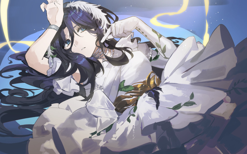 1girl, arms_up, black_hair, blue_background, blue_eyes, bracelet, dress, elbow_gloves