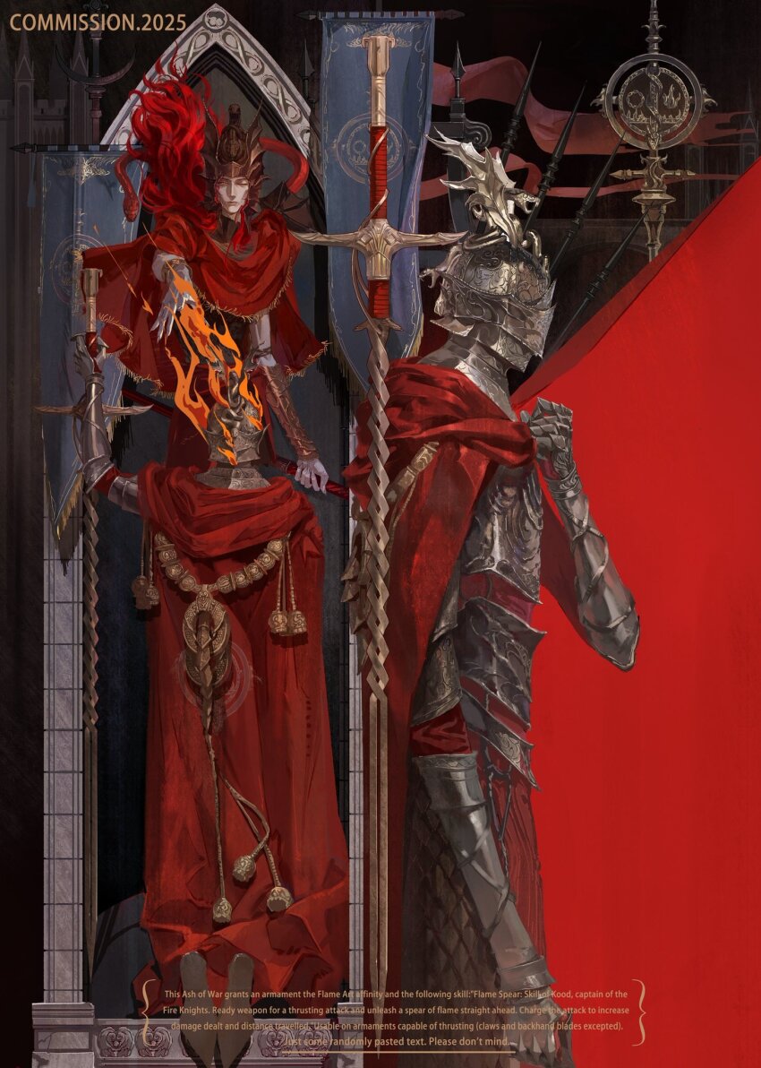 1boy, armor, battle_standard, cape, colored_skin, elden_ring, elden_ring:_shadow_of_the_erdtree, english_text, fingernails, fire, fire_knight_(elden_ring), gauntlets, goth_fashion, grey_skin, helmet, highres, kneeling, knight, long_hair, messmer_the_impaler, one_eye_closed, outstretched_hand, planted, planted_sword, planted_weapon, red_cape, red_hair, sharp_fingernails, siyemmm, snake, sword, weapon, winged_helmet