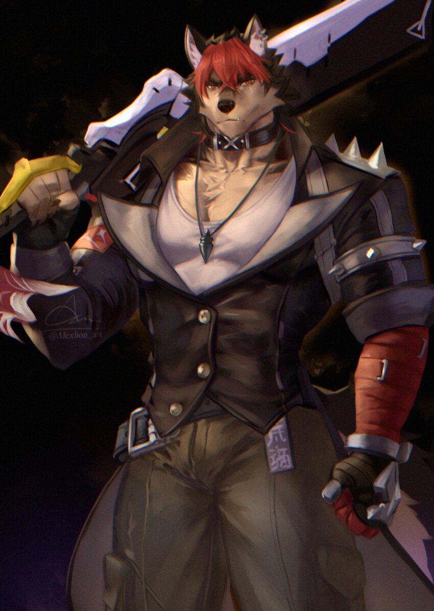 1boy, animal_ears, black_background, black_jacket, clenched_hand, closed_mouth, commentary, english_commentary, fang, fang_out, furrification, furry, furry_male, grey_pants, highres, hinnab_art, holding, holding_sword, holding_weapon, jacket, jewelry, komano_manato, leather, leather_jacket, looking_at_viewer, male_focus, muscular, muscular_male, necklace, over_shoulder, pants, scar, scar_across_eye, scar_on_face, shirt, sword, tail, weapon, weapon_over_shoulder, white_shirt, wolf_boy, wolf_ears, wolf_tail, zenless_zone_zero