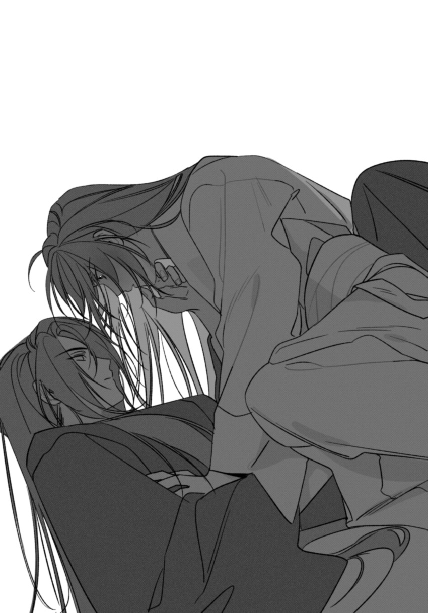 2boys, 333_2d, chinese_clothes, closed_mouth, earrings, eye_contact, greyscale, hair_down, hand_on_another's_cheek, hand_on_another's_chest, hand_on_another's_face, hanfu, highres, jewelry, jinhongi, long_hair, long_sleeves, looking_at_another, lying, male_focus, monochrome, multiple_boys, on_back, open_mouth, sash, seol_young, simple_background, wide_sleeves, yaoi, zaha