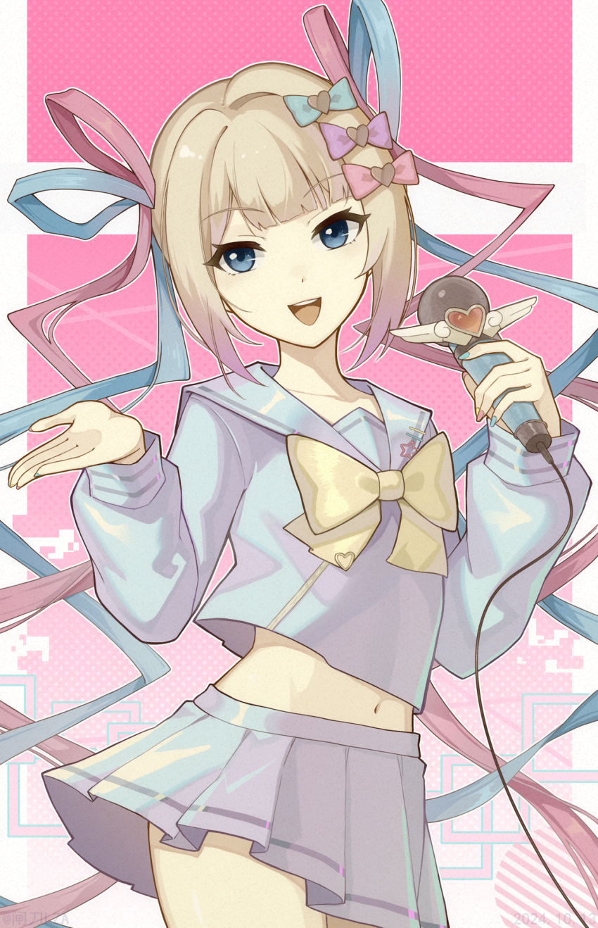 1girl, abstract_background, aqua_bow, artist_name, blonde_hair, blue_eyes, blue_hair, blue_nails