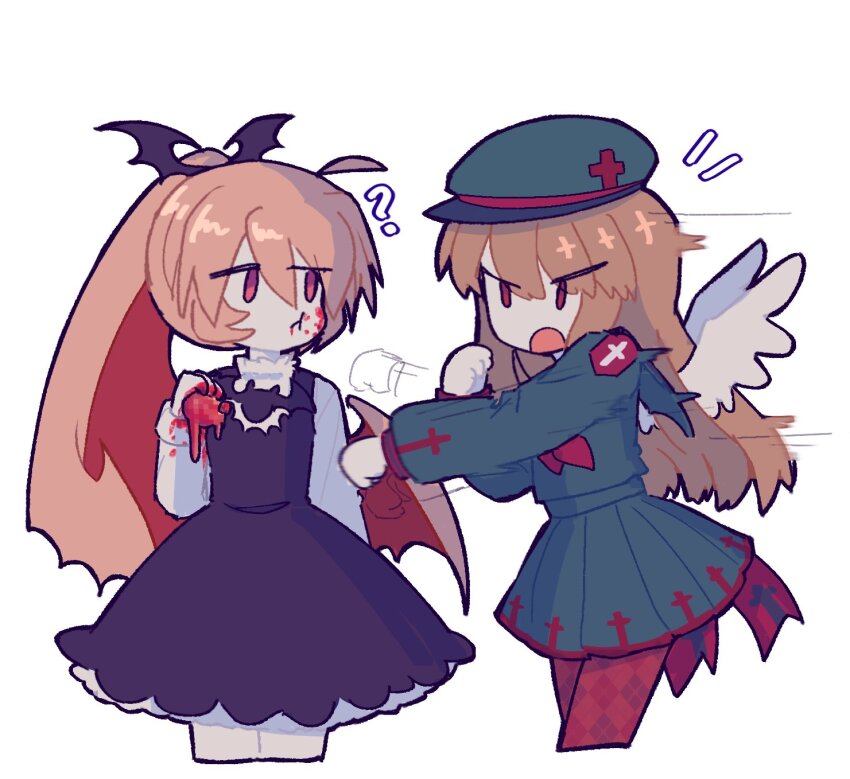 2girls, ?, angel, angel_wings, argyle_clothes, argyle_thighhighs, bat_(animal), beret