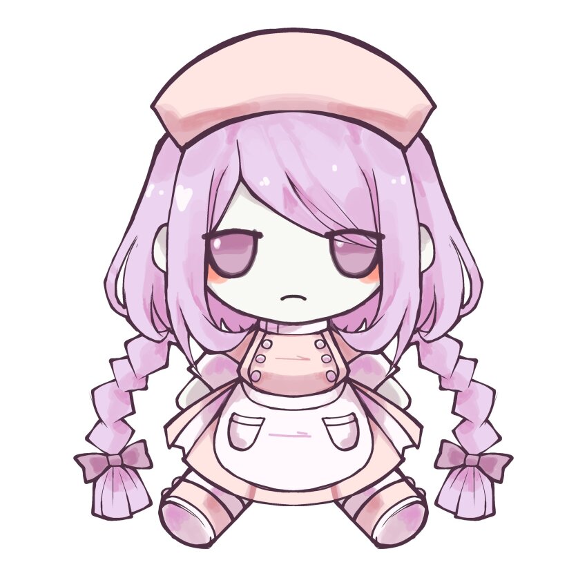 1girl, apron, blush_stickers, bow, braid, buttons, closed_mouth, colored_skin