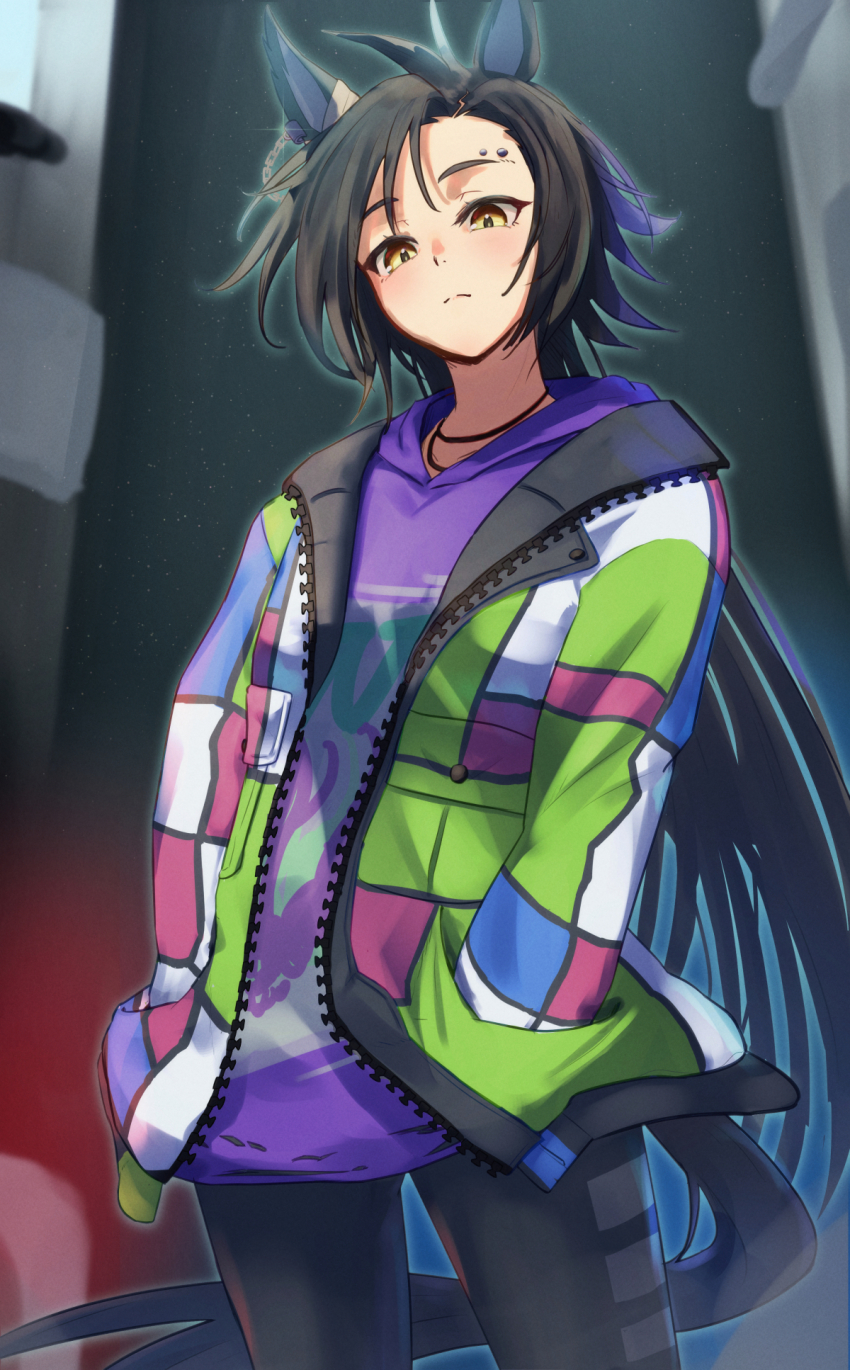 1girl, air_shakur_(casual)_(umamusume), air_shakur_(umamusume), animal_ear_piercing, animal_ears, black_hair, black_pants, breasts, casual, clothing_cutout, commentary, cowboy_shot, ear_ornament, ear_piercing, eyebrow_piercing, face_piercing, hands_in_pockets, harakomeshi, highres, horse_ears, horse_girl, horse_tail, jacket, long_hair, long_sleeves, looking_at_viewer, official_alternate_costume, pants, piercing, purple_jacket, revision, small_breasts, solo, standing, tail, tail_through_clothes, tomboy, umamusume
