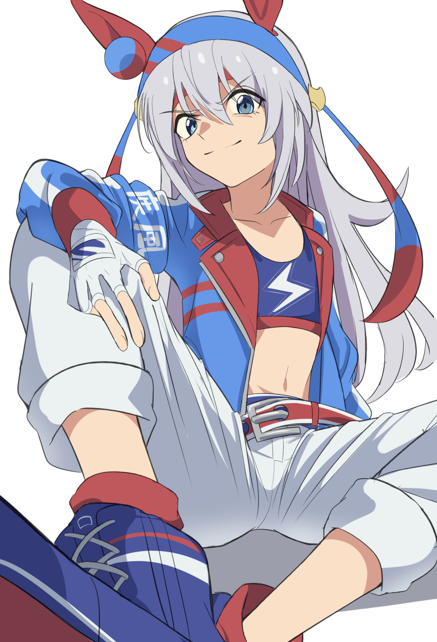 1girl, absurdres, animal_ears, arm_on_knee, belt, blue_eyes, blue_hairband, blue_jacket