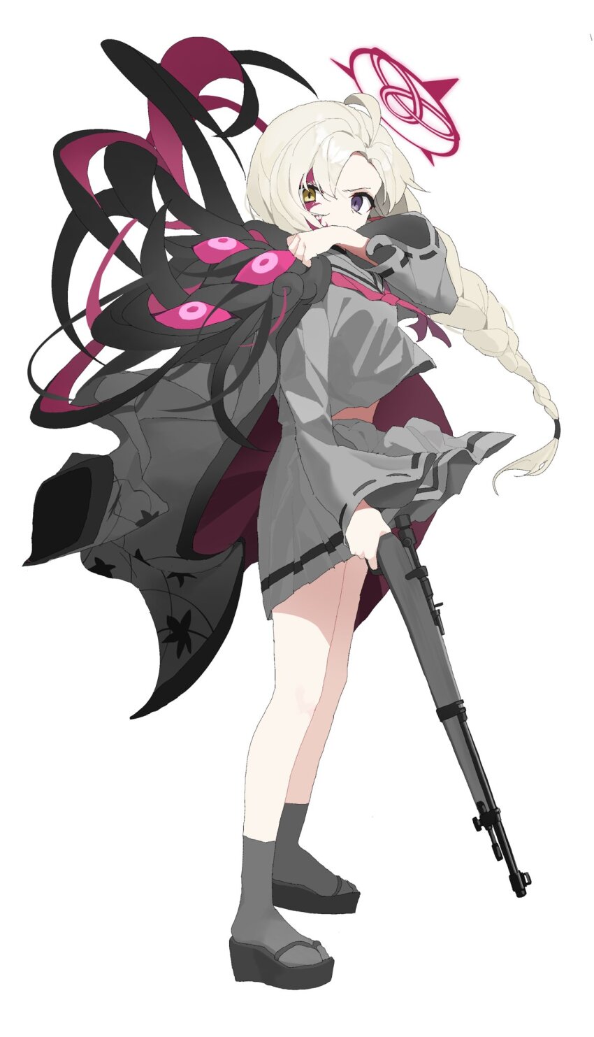 1girl, ahoge, arisaka, ayame_(blue_archive), blonde_hair, blue_archive, bolt_action, braid