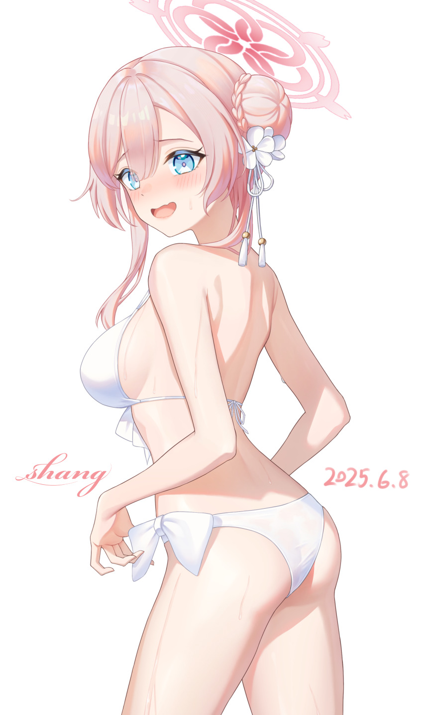 1girl, absurdres, artist_name, ass, bikini, blue_archive, blue_eyes, blush, bow, bow_bikini, braid, breasts, bun_with_braided_base, commentary_request, dated, embarrassed, fu_shang, hair_between_eyes, hair_bun, halo, highres, large_breasts, looking_at_viewer, mimori_(blue_archive), mimori_(swimsuit)_(blue_archive), nose_blush, official_alternate_costume, official_alternate_hairstyle, open_mouth, pink_hair, pink_halo, simple_background, single_hair_bun, single_side_bun, solo, swimsuit, white_background, white_bikini, white_bow