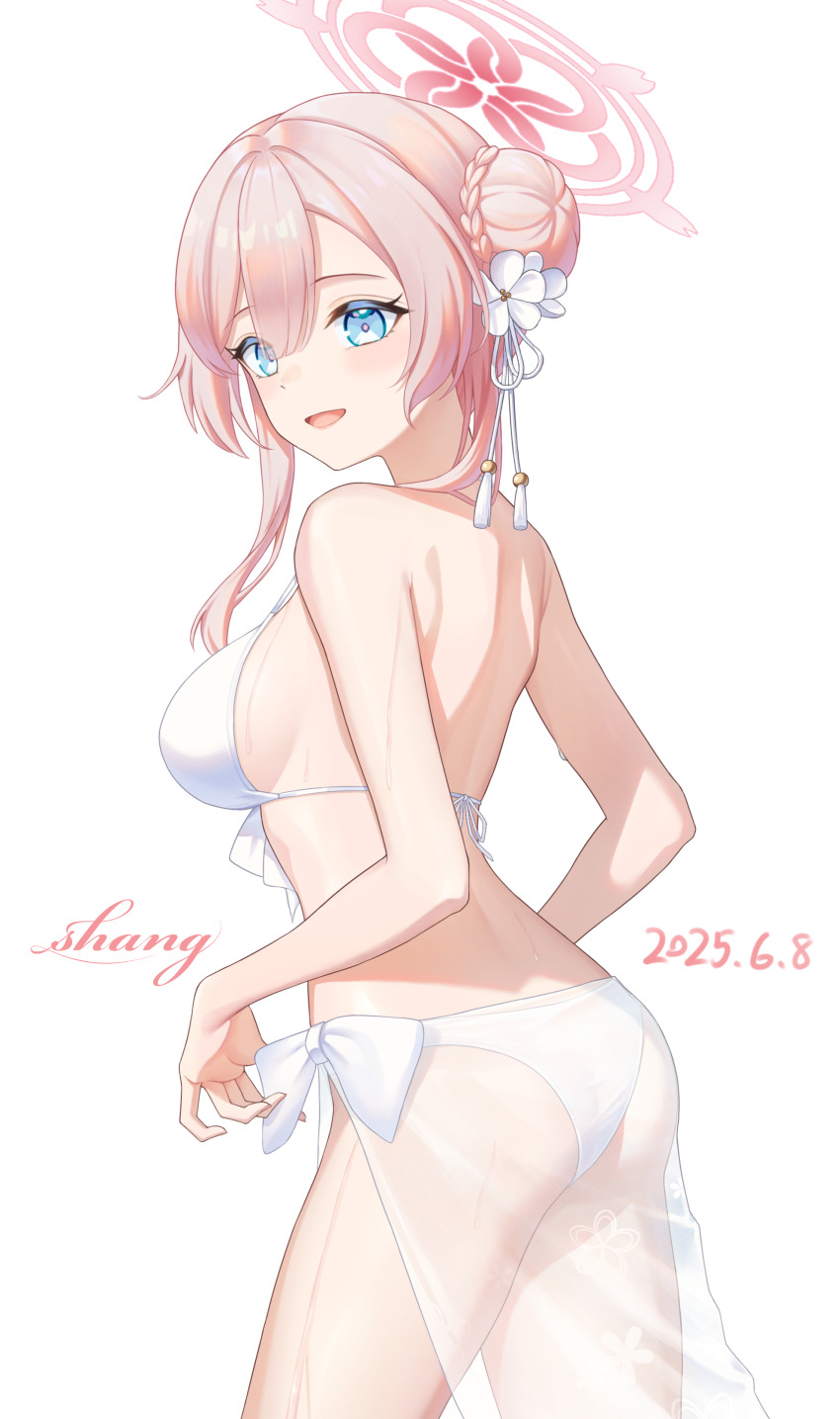 1girl, absurdres, artist_name, ass, bikini, blue_archive, blue_eyes, blush, bow, bow_bikini, braid, breasts, bun_with_braided_base, commentary_request, dated, fu_shang, hair_between_eyes, hair_bun, halo, highres, large_breasts, looking_at_viewer, mimori_(blue_archive), mimori_(swimsuit)_(blue_archive), official_alternate_costume, official_alternate_hairstyle, open_mouth, pink_hair, pink_halo, sarong, see-through_clothes, see-through_sarong, simple_background, single_hair_bun, single_side_bun, solo, swimsuit, white_background, white_bikini, white_bow