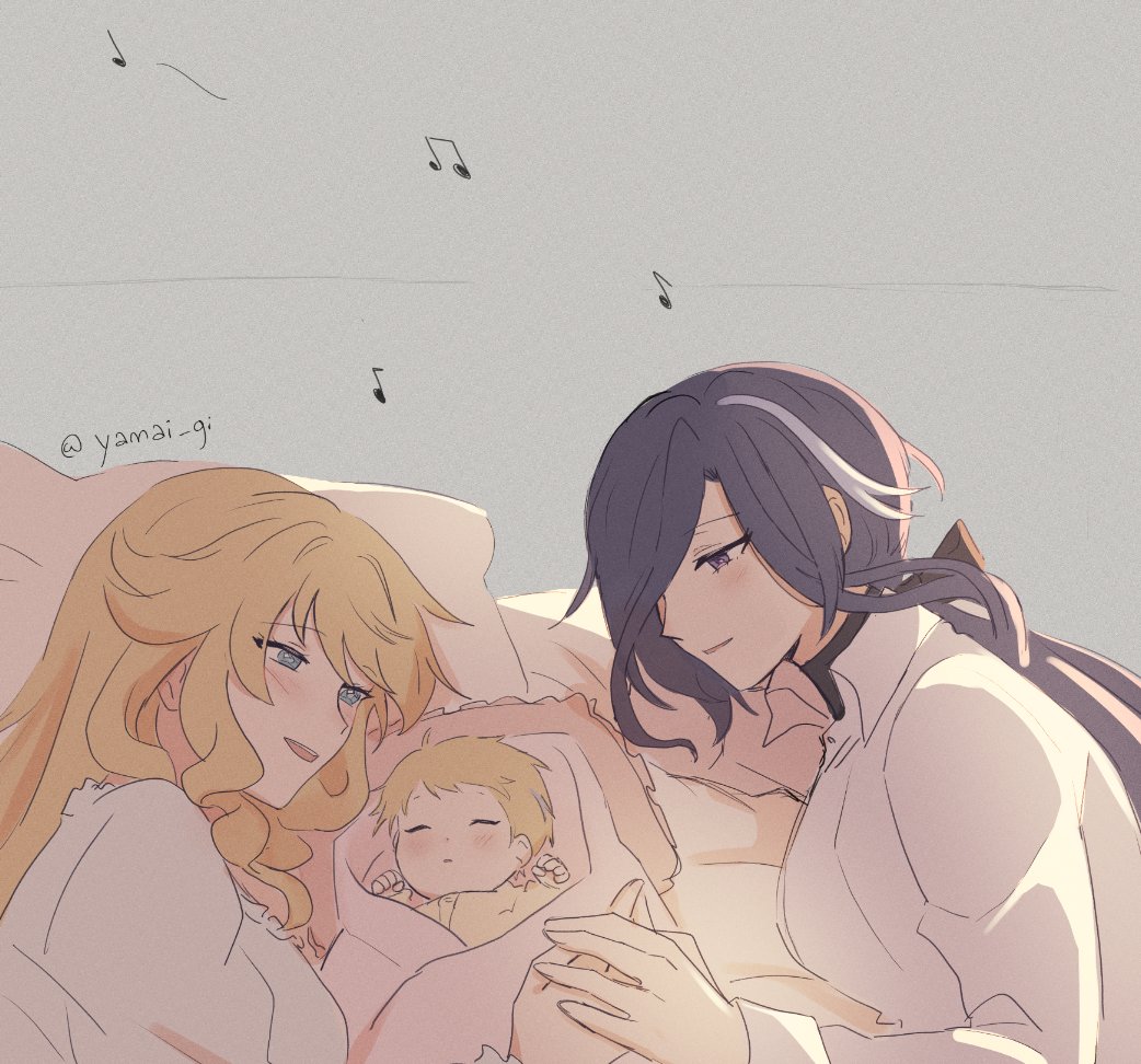 3girls, beamed_eighth_notes, blonde_hair, blue_eyes, blush, clorinde_(genshin_impact), collared_shirt, commentary