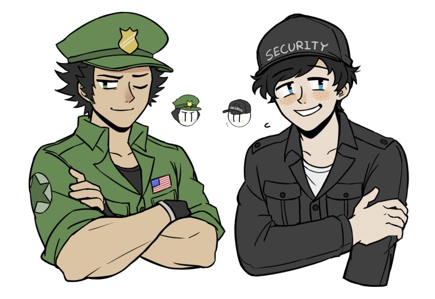 2boys, :d, ;), american_flag, animification, black_gloves, black_hair, black_hat, black_jacket, black_shirt, blue_eyes, buttons, clothes_writing, collarbone, collared_jacket, commentary, cropped_torso, crossed_arms, dave_panpa, english_commentary, english_text, fingerless_gloves, flying_sweatdrops, freckles, gloves, green_eyes, green_hat, green_jacket, grin, hand_on_own_arm, hat, henry_stickmin_(series), highres, jacket, long_sleeves, looking_at_viewer, multiple_boys, natto_(whereismynatto), one_eye_closed, open_mouth, peaked_cap, pocket, rupert_price, shirt, short_hair, short_sleeves, simple_background, smile, star_(symbol), white_background, white_shirt