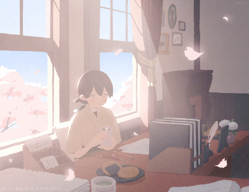 1girl, brown_eyes, brown_hair, cherry_blossoms, cup, day, folded_ponytail, food