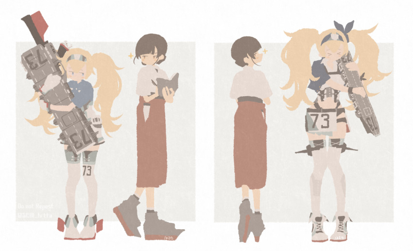 >_<, 2girls, black_hair, blonde_hair, blue_eyes, blue_shirt, blunt_bangs, blush