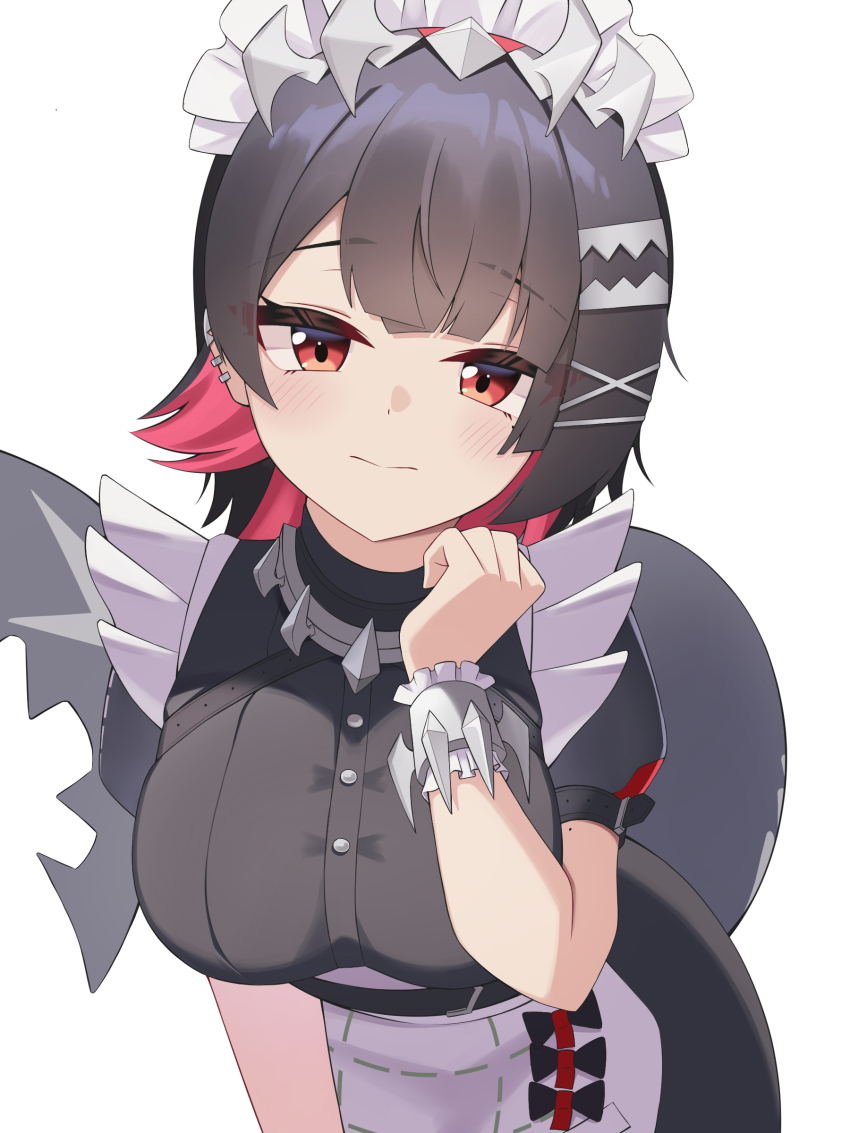 1girl, absurdres, apron, black_hair, blush, breasts, closed_mouth, ear_piercing