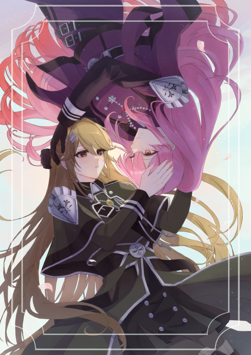 2girls, armor, black_gloves, blush, breasts, brown_eyes, brown_hair, closed_mouth