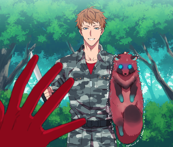 2boys, :d, animal, animalization, belt, between_legs, black_fur, blue_eyes