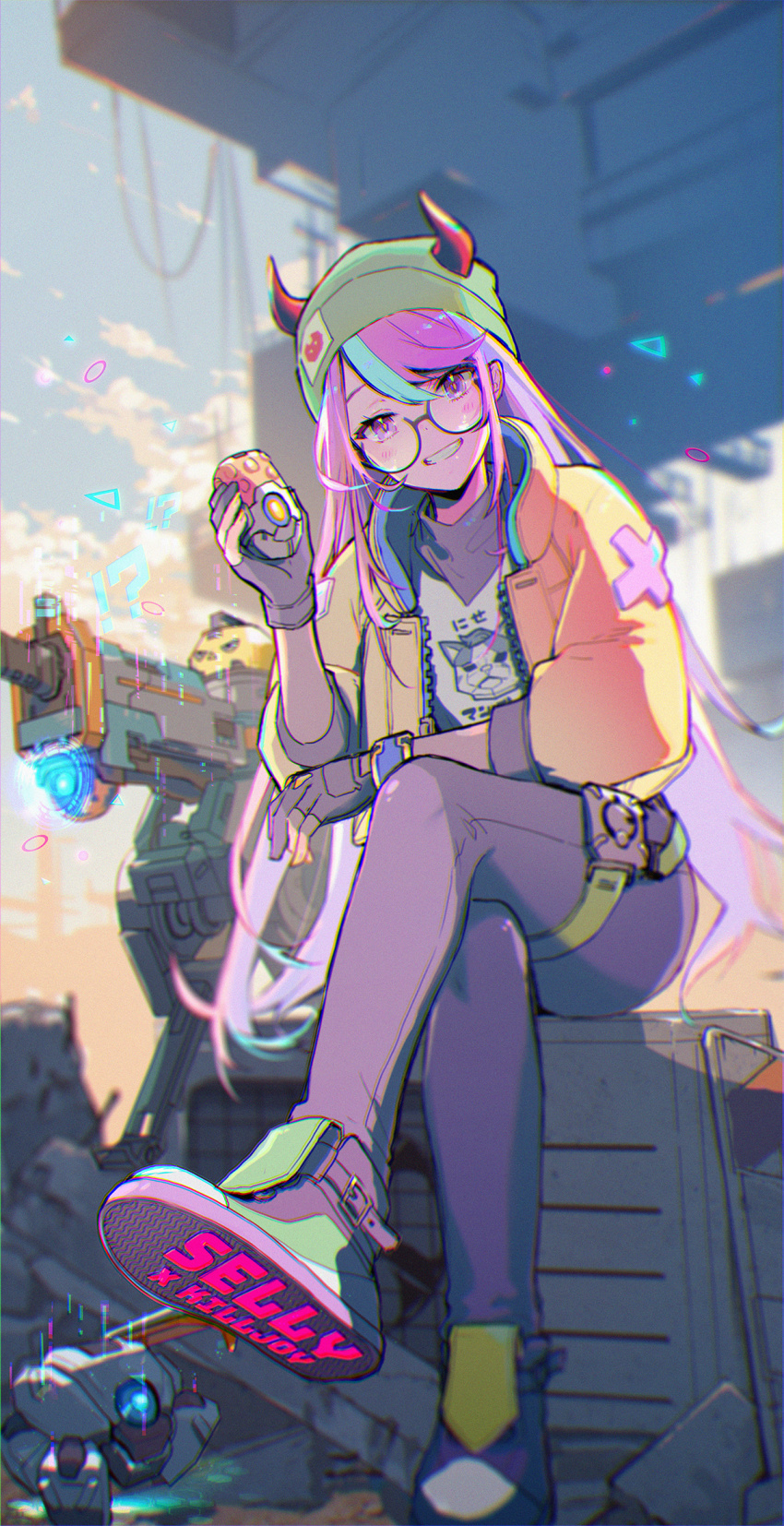 !?, 1girl, animal_print, beanie, blue_hair, blush, cat_print, commentary_request