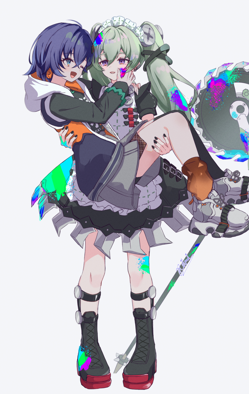 2girls, :d, apron, belle_(zenless_zone_zero), black_boots, black_dress, black_shirt, black_thighhighs, blue_hair, boots, carrying, circular_saw, corin_wickes, dress, full_body, green_eyes, green_hair, hair_between_eyes, hair_ornament, hand_on_another's_cheek, hand_on_another's_face, highres, hood, hooded_jacket, jacket, letter_hair_ornament, long_hair, maid, maid_headdress, multiple_girls, one_eye_closed, open_mouth, orange_socks, princess_carry, puffy_short_sleeves, puffy_sleeves, purple_eyes, reinoni, saw, screw_hair_ornament, shirt, short_sleeves, single_thighhigh, smile, socks, thighhighs, twintails, white_apron, yuri, zenless_zone_zero