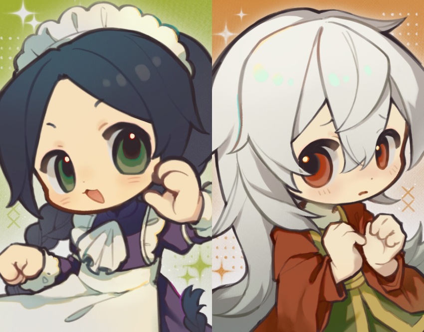 1boy, 1girl, :3, :d, apron, black_hair, braid, dress