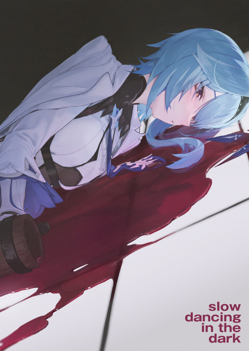 1girl, alcohol, black_background, black_hairband, blue_hair, blue_necktie, blush, breasts, chest_harness, commission, commissioner_upload, daraa, drunk, dutch_angle, english_text, eula_(genshin_impact), film_grain, floor_light, genshin_impact, hair_ornament, hairband, harness, highres, jacket, jacket_on_shoulders, joji_miller, large_breasts, lying, medium_hair, necktie, non-web_source, on_floor, on_stomach, parody, purple_eyes, slow_dancing_in_the_dark_(song), solo, spill, tankard, tile_floor, tiles, unworn_hair_ornament, white_jacket, wide_sleeves, wine