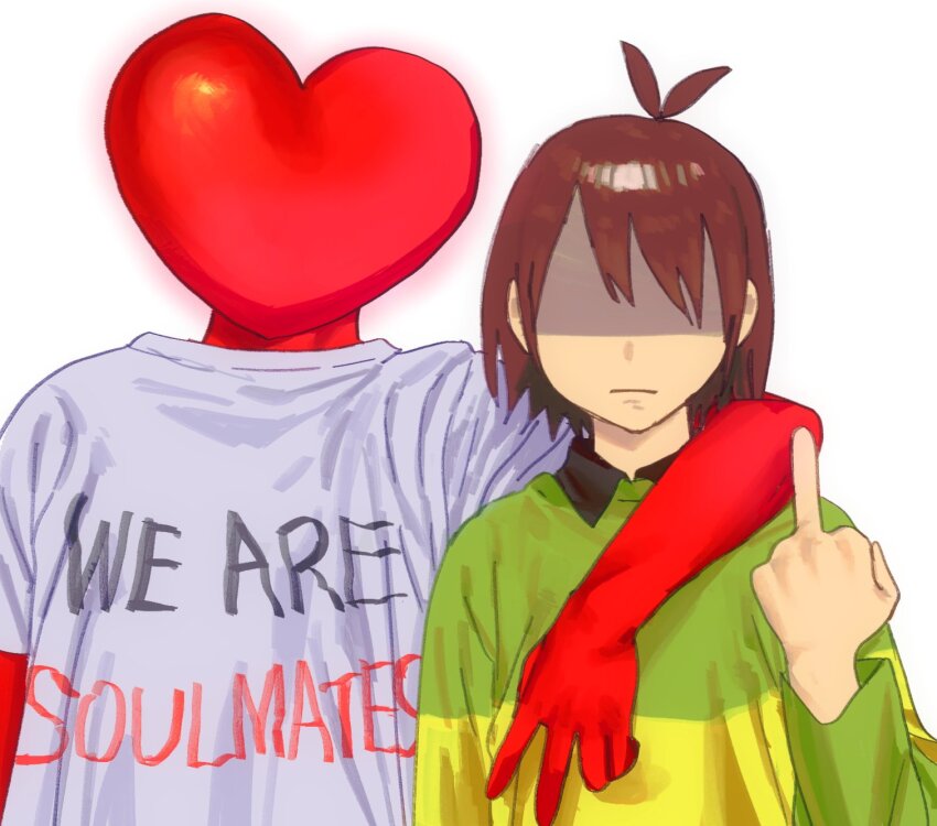 2others, arm_around_shoulder, brown_hair, closed_mouth, clothes_writing, colored_skin, deltarune, english_text