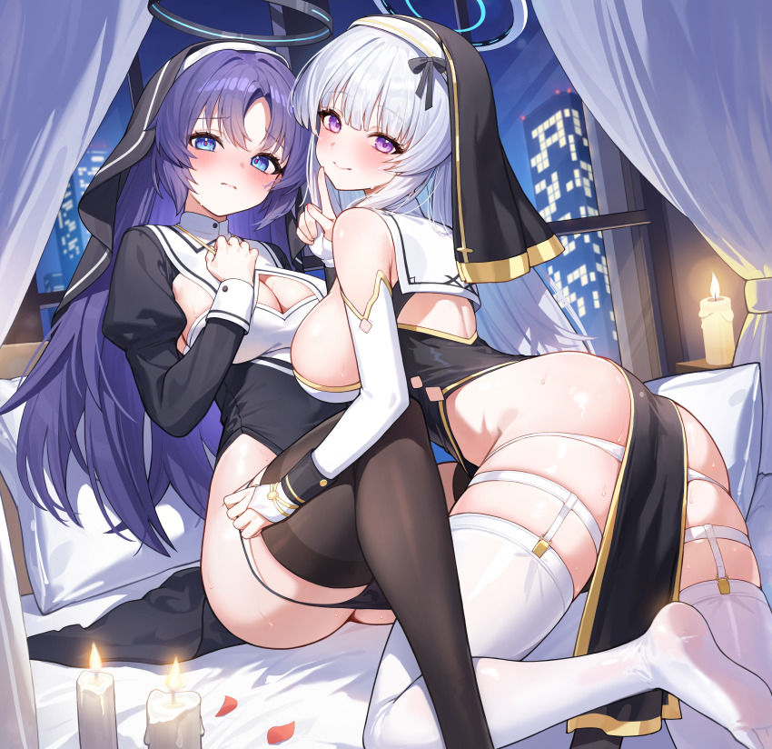 2girls, absurdres, alternate_costume, ass, bed_sheet, black_dress, black_panties, black_thighhighs