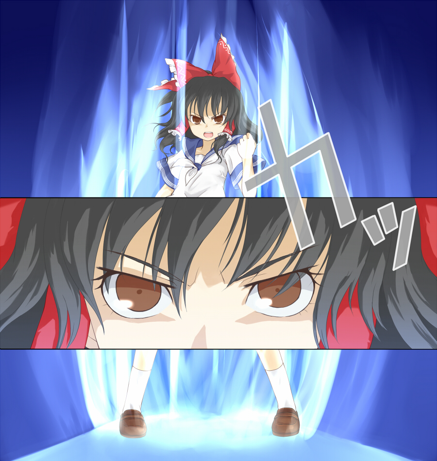 1girl, alternate_costume, atlus, black_hair, bow, brown_eyes, clenched_hand, cut-in